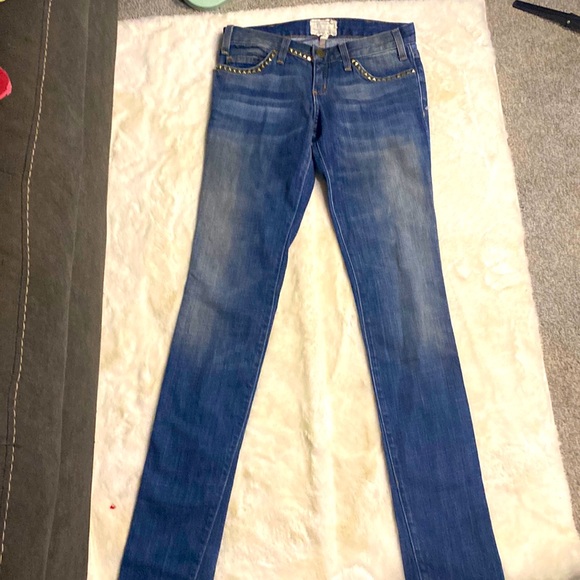 Current Elliot | dark denim distressed gold studs straight leg jeans | size 24 - Picture 1 of 7